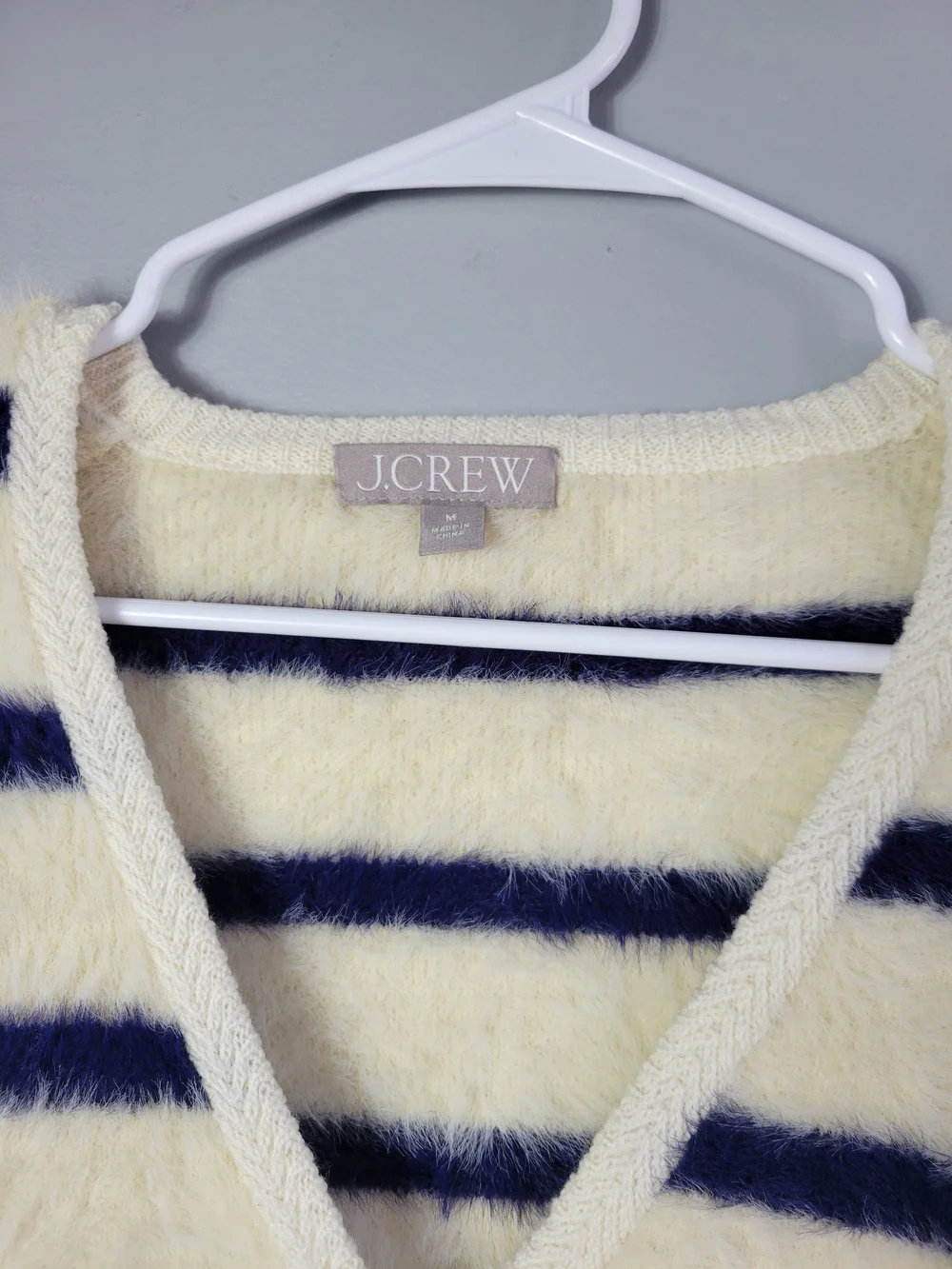 J. Crew Cream Fuzzy V‑Neck Cardigan with Navy Stripes